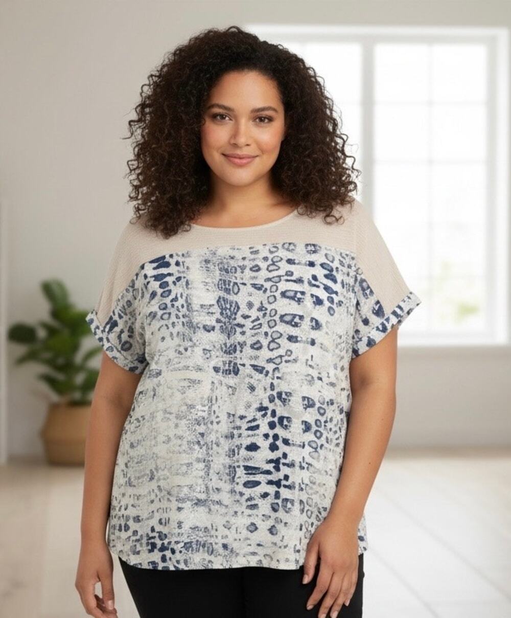 Lungo L'Arno Italy 100% Linen Animal Print Colorblock Yoke Short Sleeve Top 2X